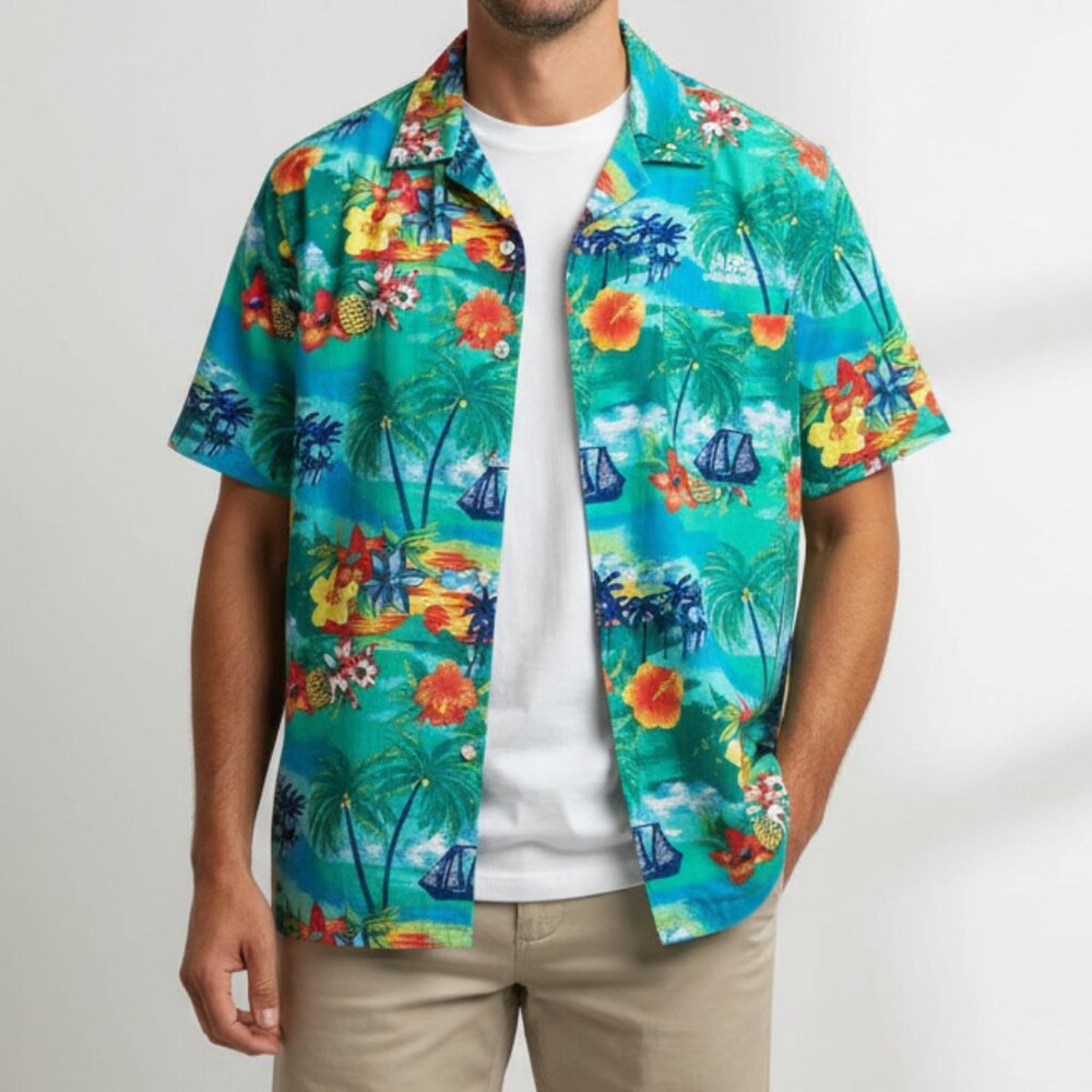 Hawaiian Shirt XL Tropical Palm Tree Sailboat Floral Cotton Blend‎ Vacation